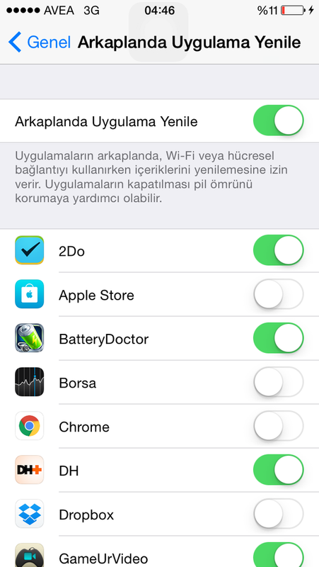 iPhone arka planda uygulama yenileme kapatma