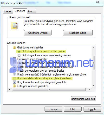 Windows 7 gizli dosyaları göster