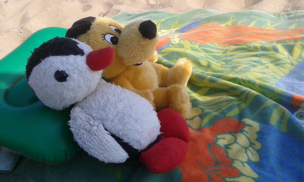 Stuffed animals on the beach