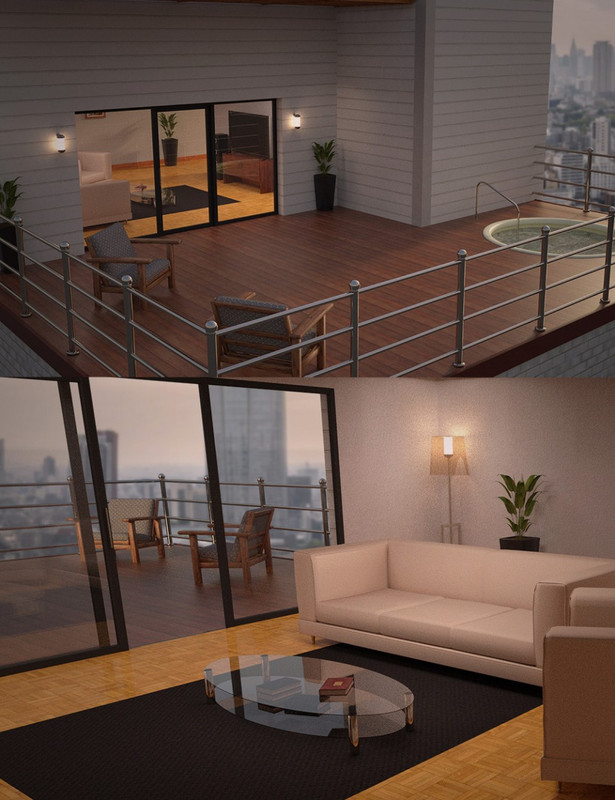 Apartment Living Room and Patio Jacuzzi