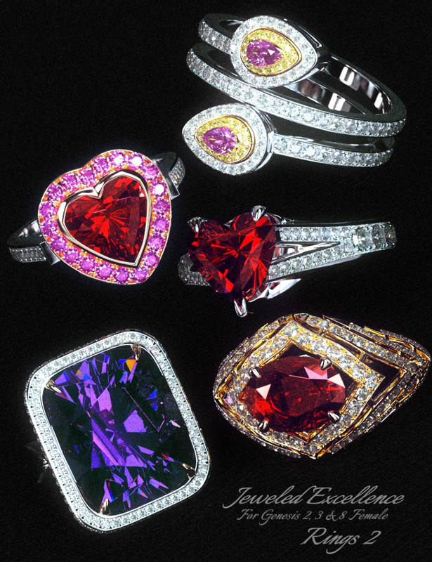 Jeweled Excellence Rings 2 for Genesis 2, 3 and 8 Female(s)