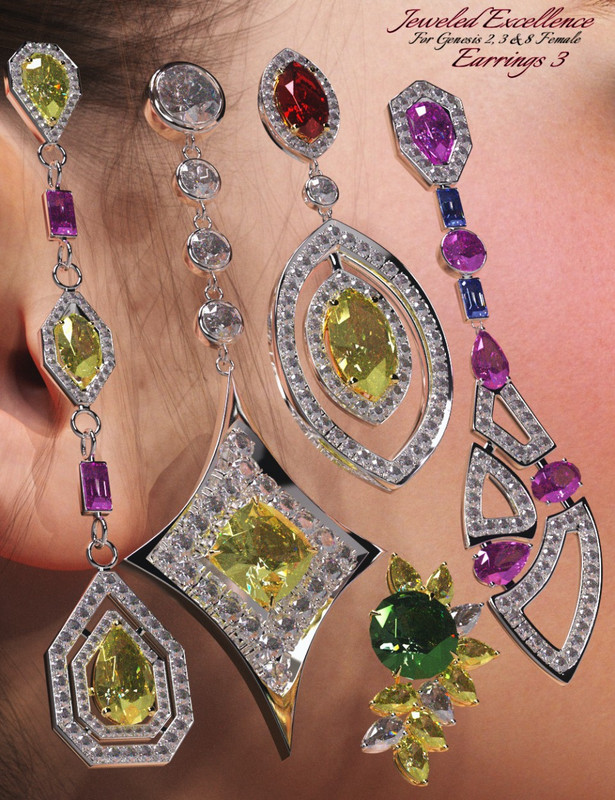 Jeweled Excellence Earrings 3 for Genesis 2, 3 and 8 Female(s)