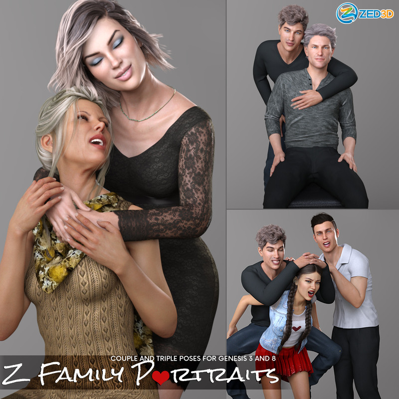 Z Family Portaits – Couple and Triple Poses for Genesis 3 and 8 Male and Female