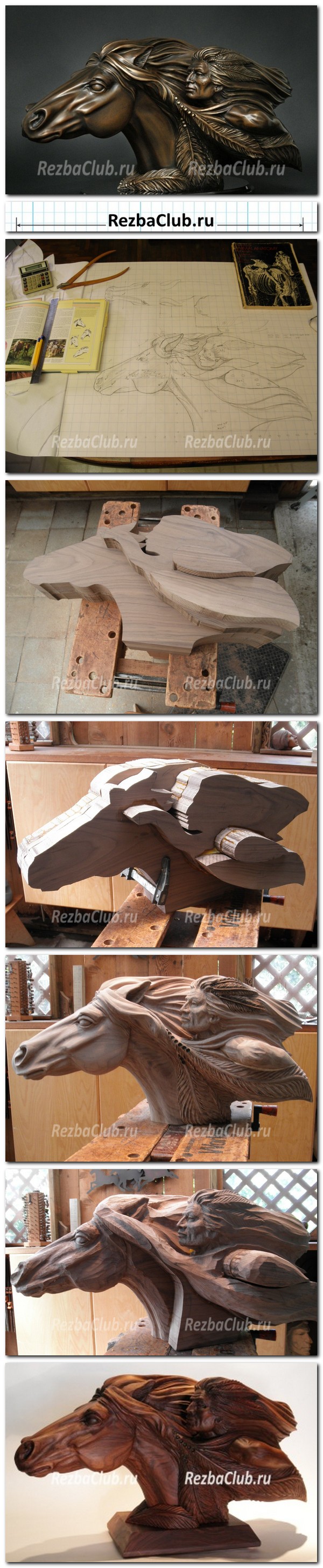 Инструкция по резьбе - Скульптура бешеная скачка - индеец на коне