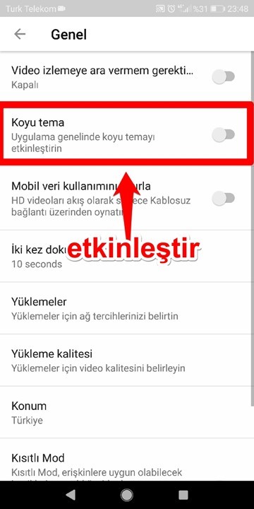 youtube android gece modu