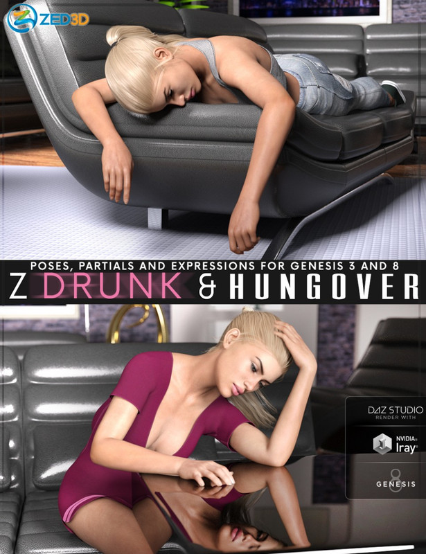 Z Drunk and Hungover – Poses with Partials and Expressions for Genesis 3 and 8